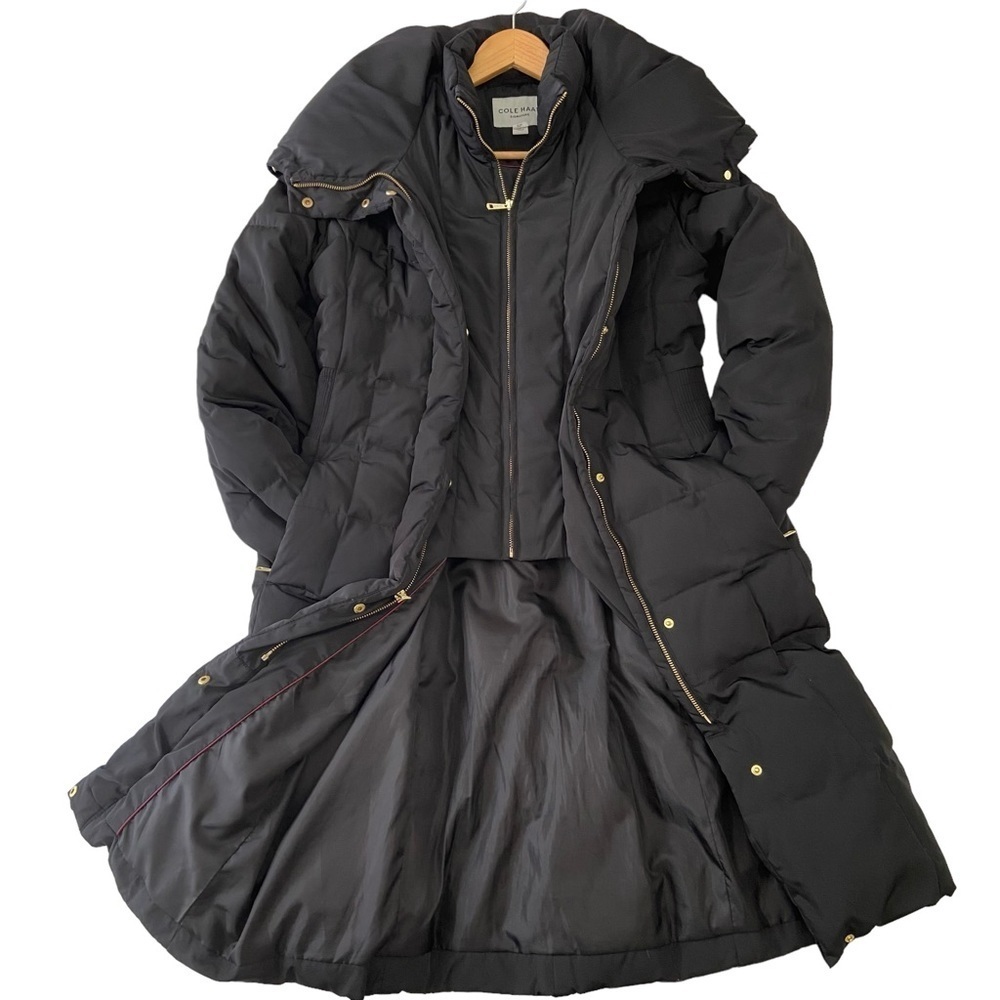 Cole Haan long black winter puffer jacket down & feathers hood gold button small
